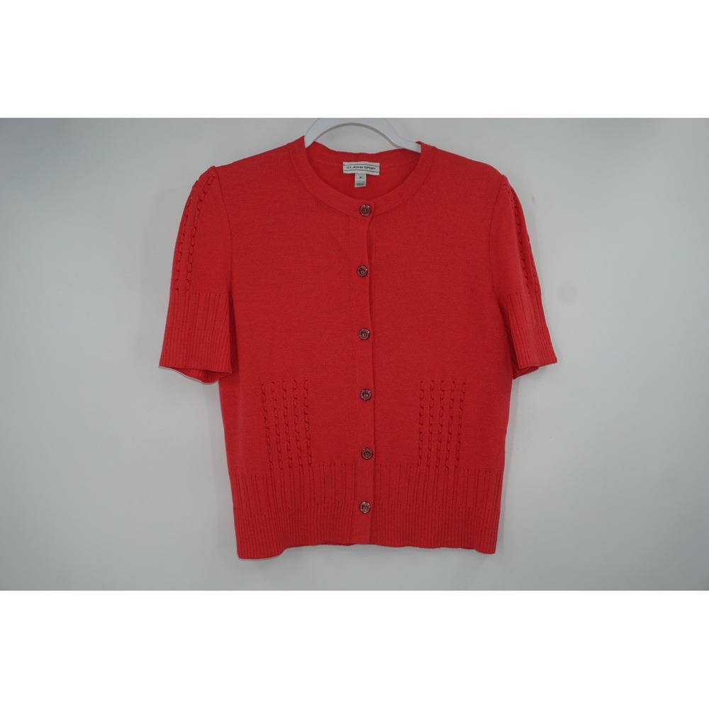 St John Sport Cardigan Sweater Womens P Pink Wool Short Sleeve Button Front Knit